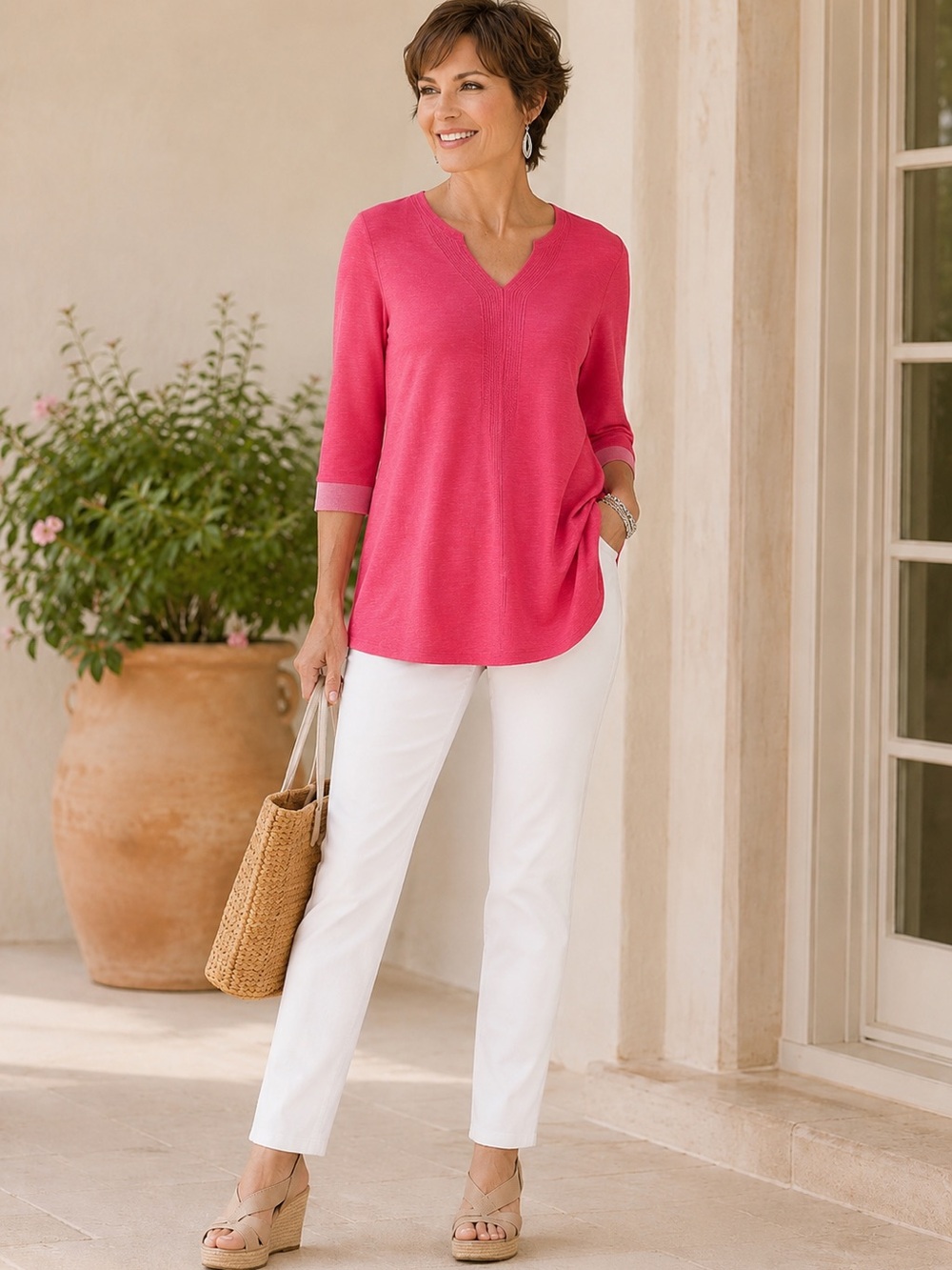 Chico’s Watermelon Pink V-Neck Tunic Top‎ 3/4 Sleeve Textured Knit Casual Chic